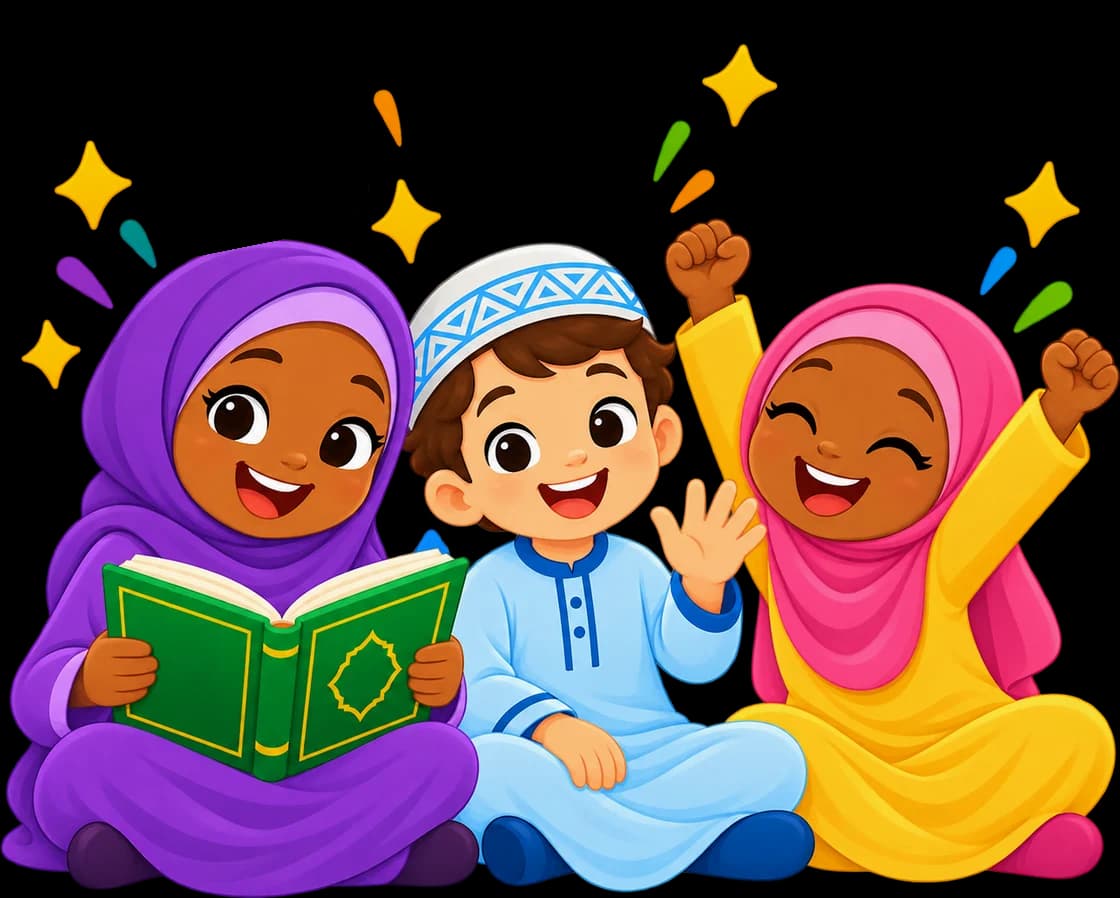 Trois enfants souriants : une fille en hijab violet lit le Coran, un garçon en kufi fait coucou, une fille en hijab rose lève les bras de joie, sous les lettres arabes alif, ba et ta
